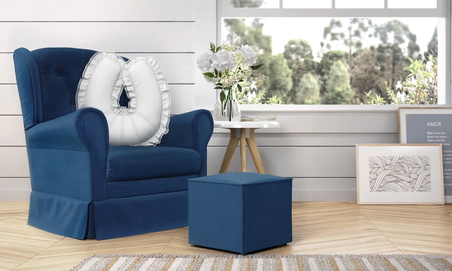 Poltrona Amamentação Balanço com Puff Provençal Azul Marinho