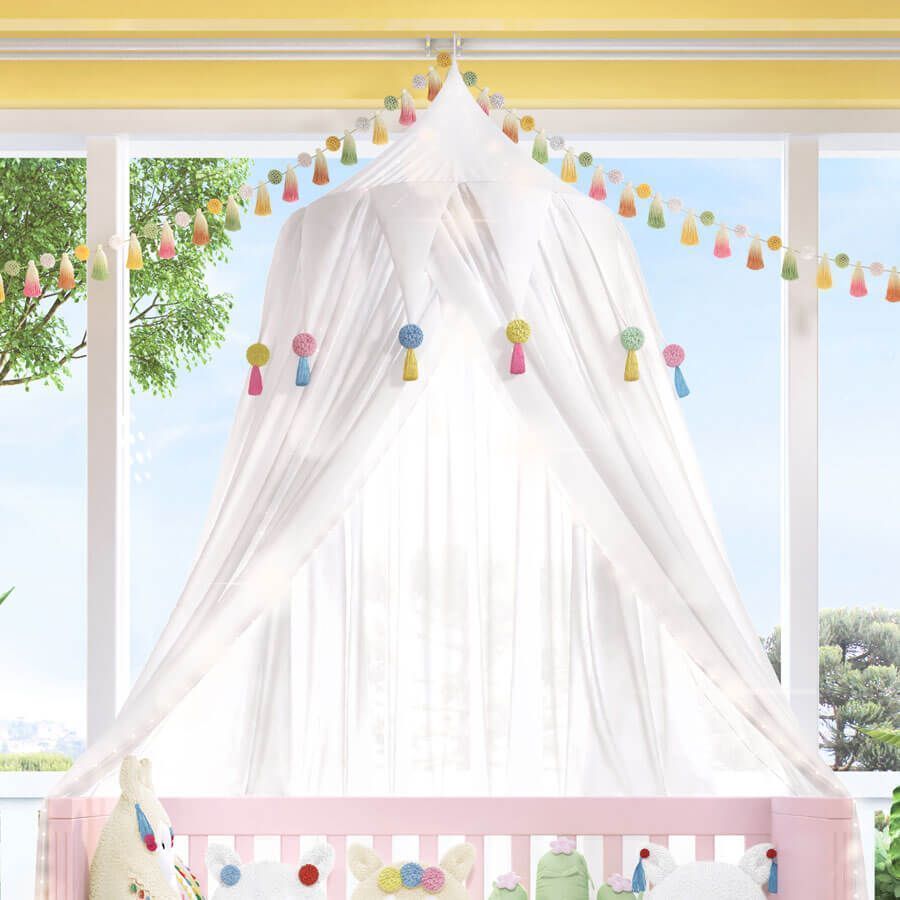 Mosquiteiro Dossel de Teto Transpassado com Pompom e Tassel