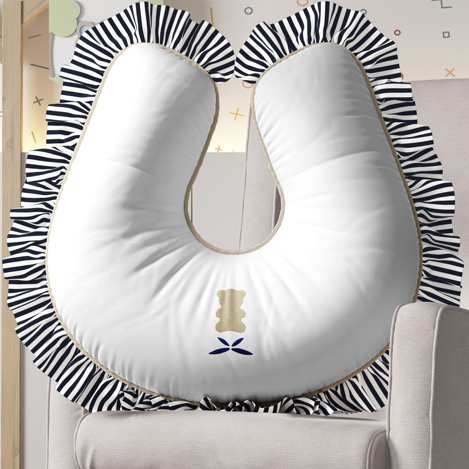 Almofada Amamentação Urso Luxo Branco e Azul Marinho
