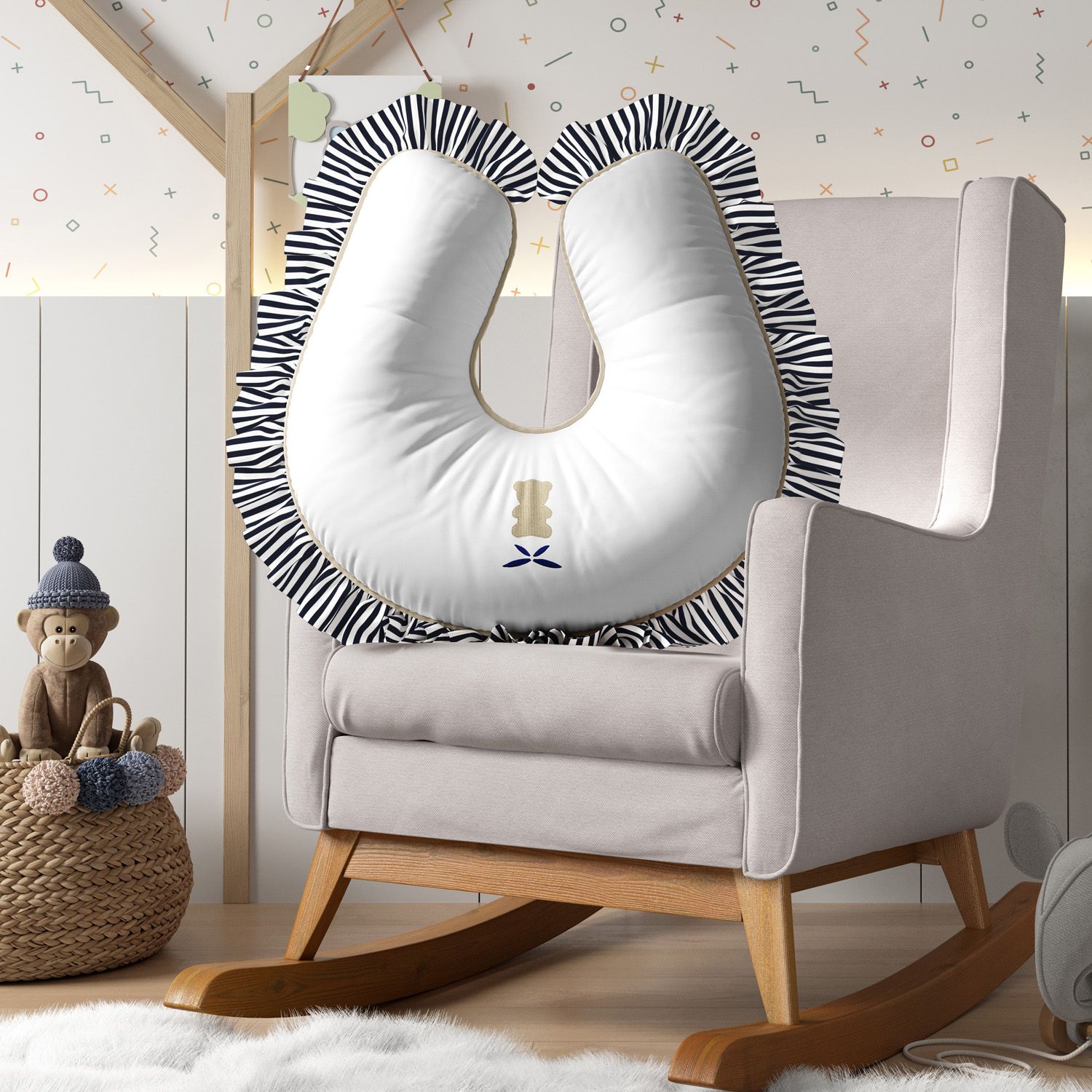 Almofada Amamentação Urso Luxo Branco e Azul Marinho