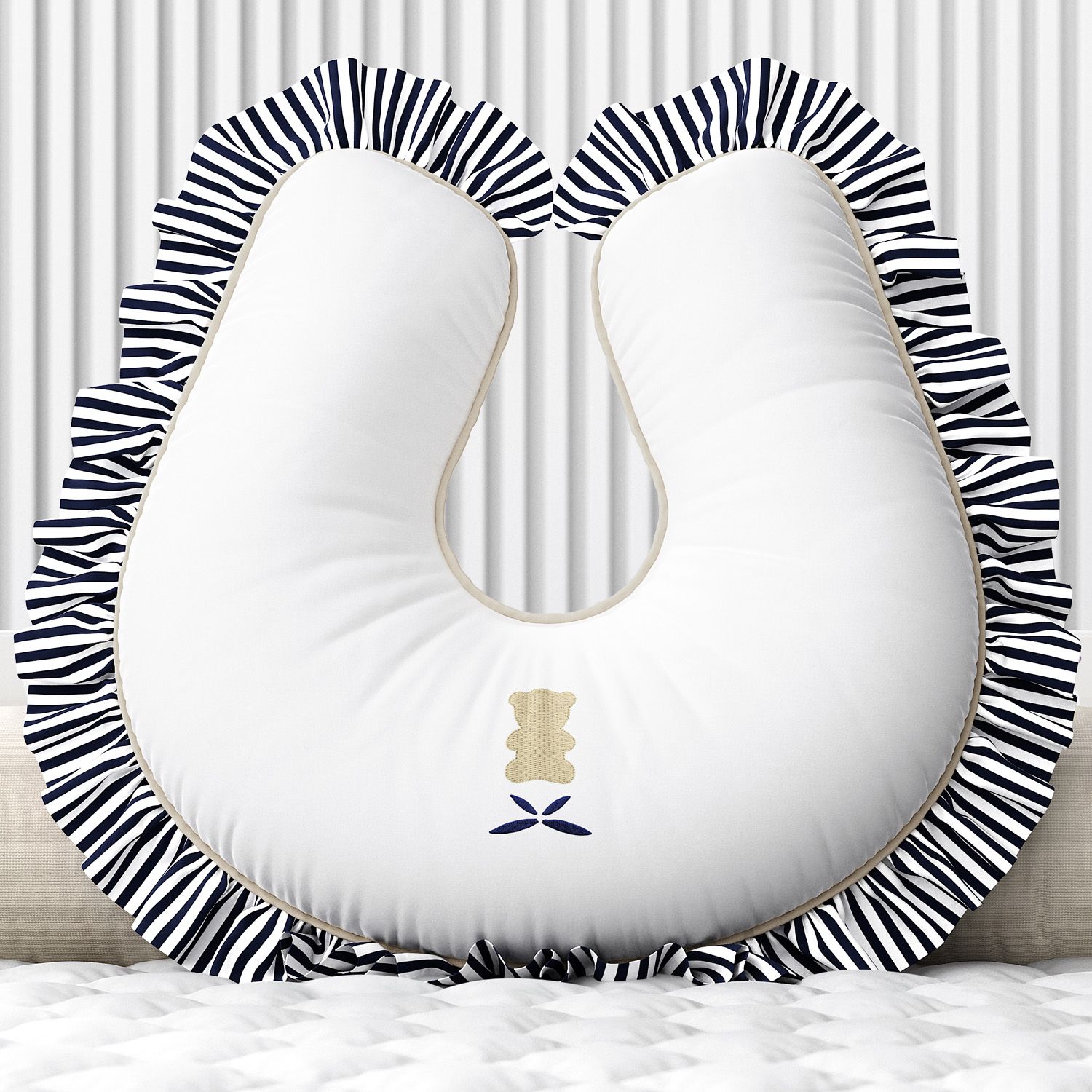 Almofada Amamentação Urso Luxo Branco e Azul Marinho
