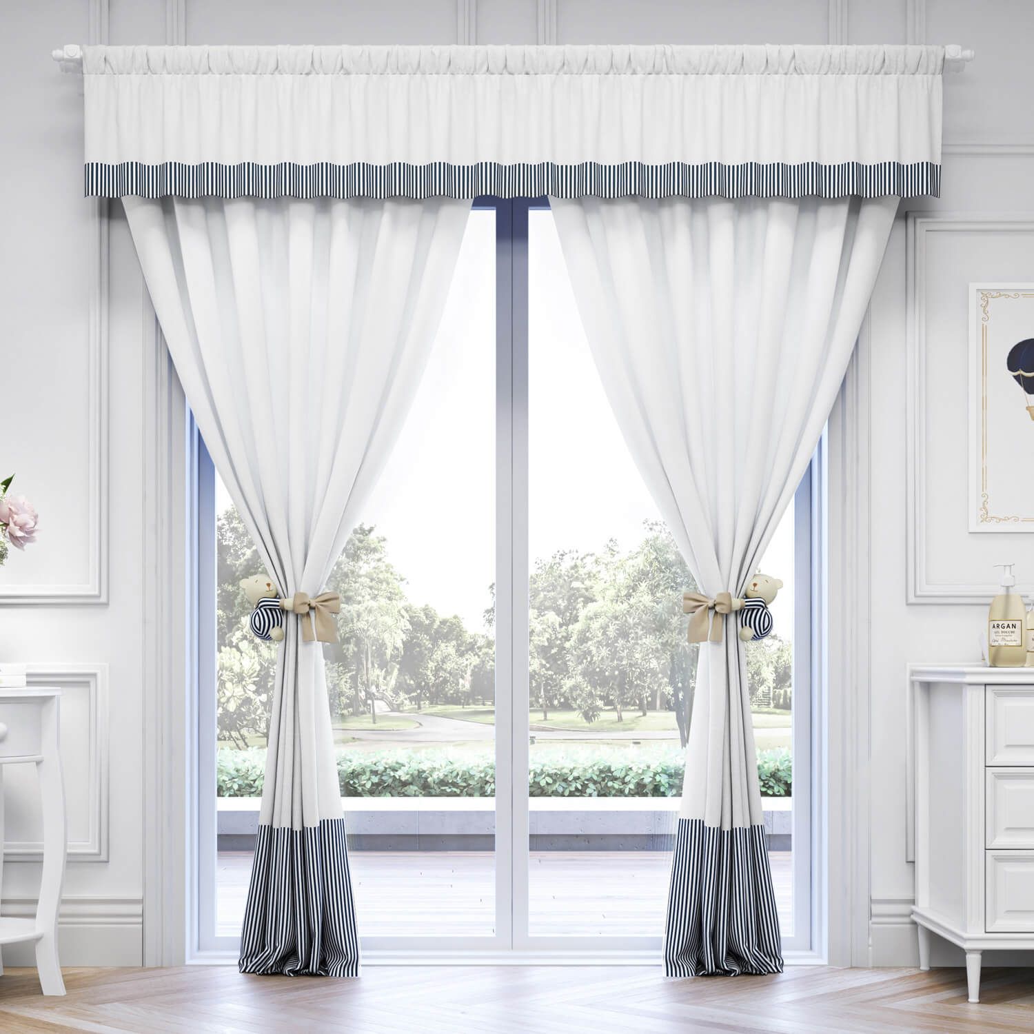 Cortina Luxo Branco/Azul Marinho