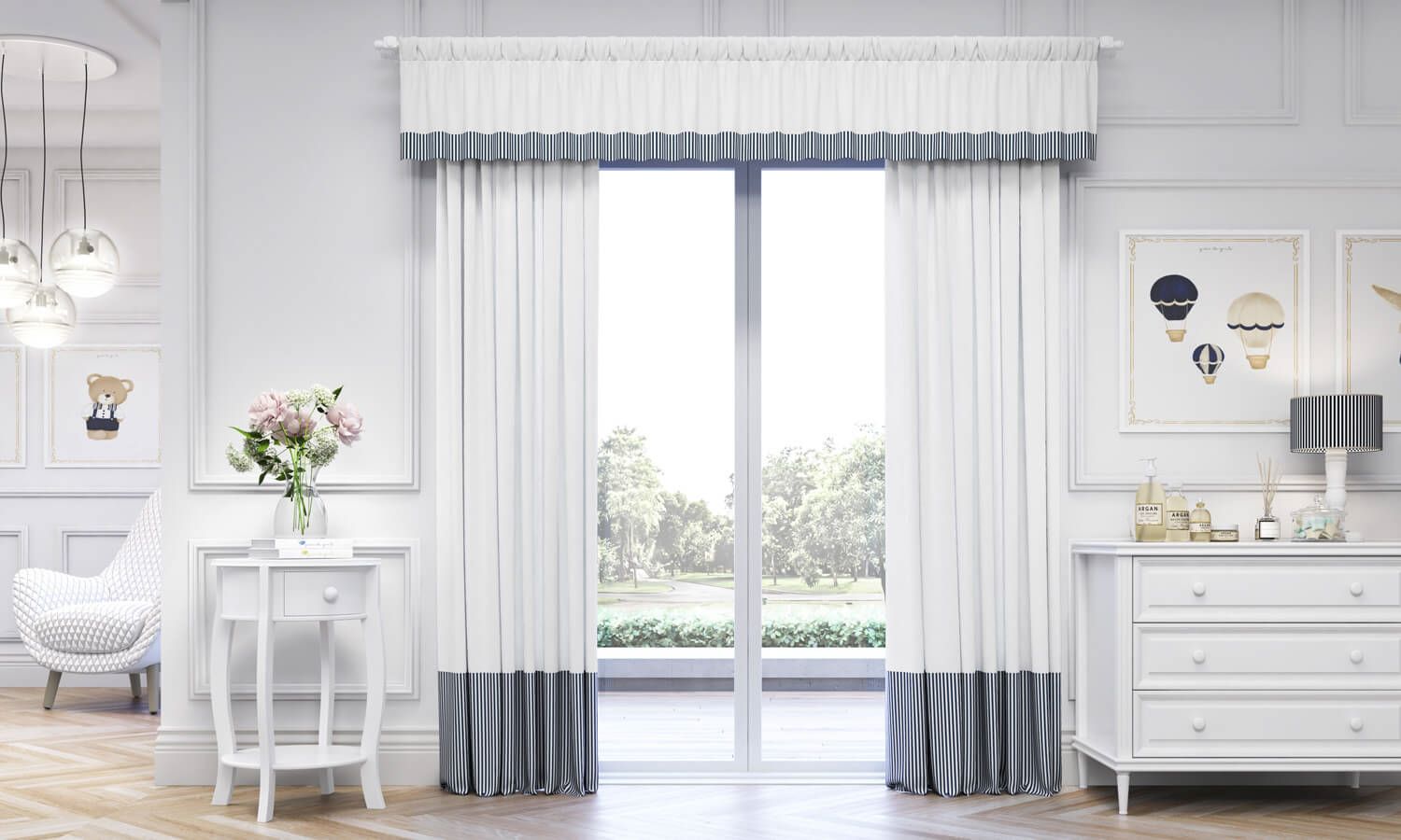 Cortina Luxo Branco/Azul Marinho