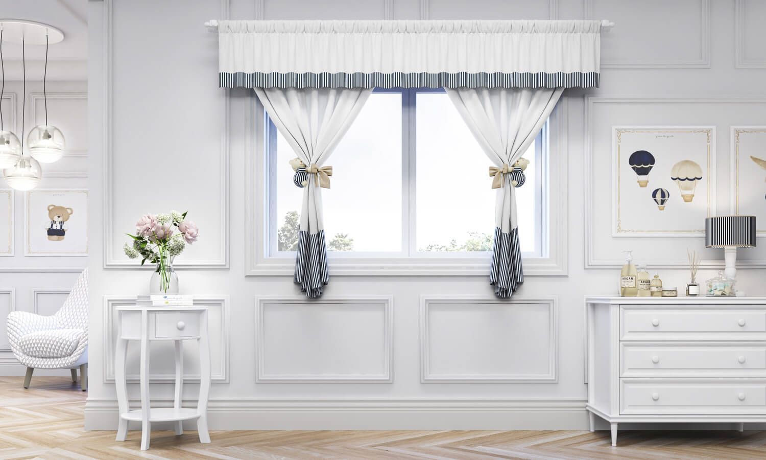 Cortina Luxo Branco/Azul Marinho