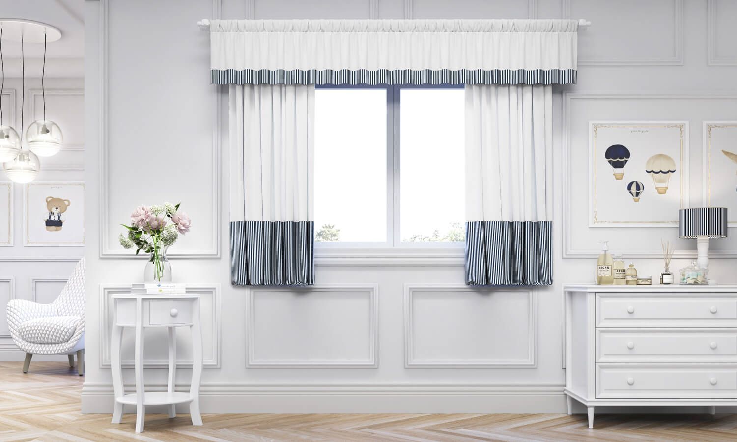 Cortina Luxo Branco/Azul Marinho