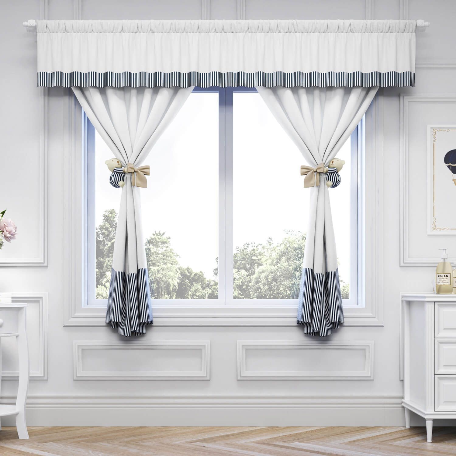 Cortina Luxo Branco/Azul Marinho