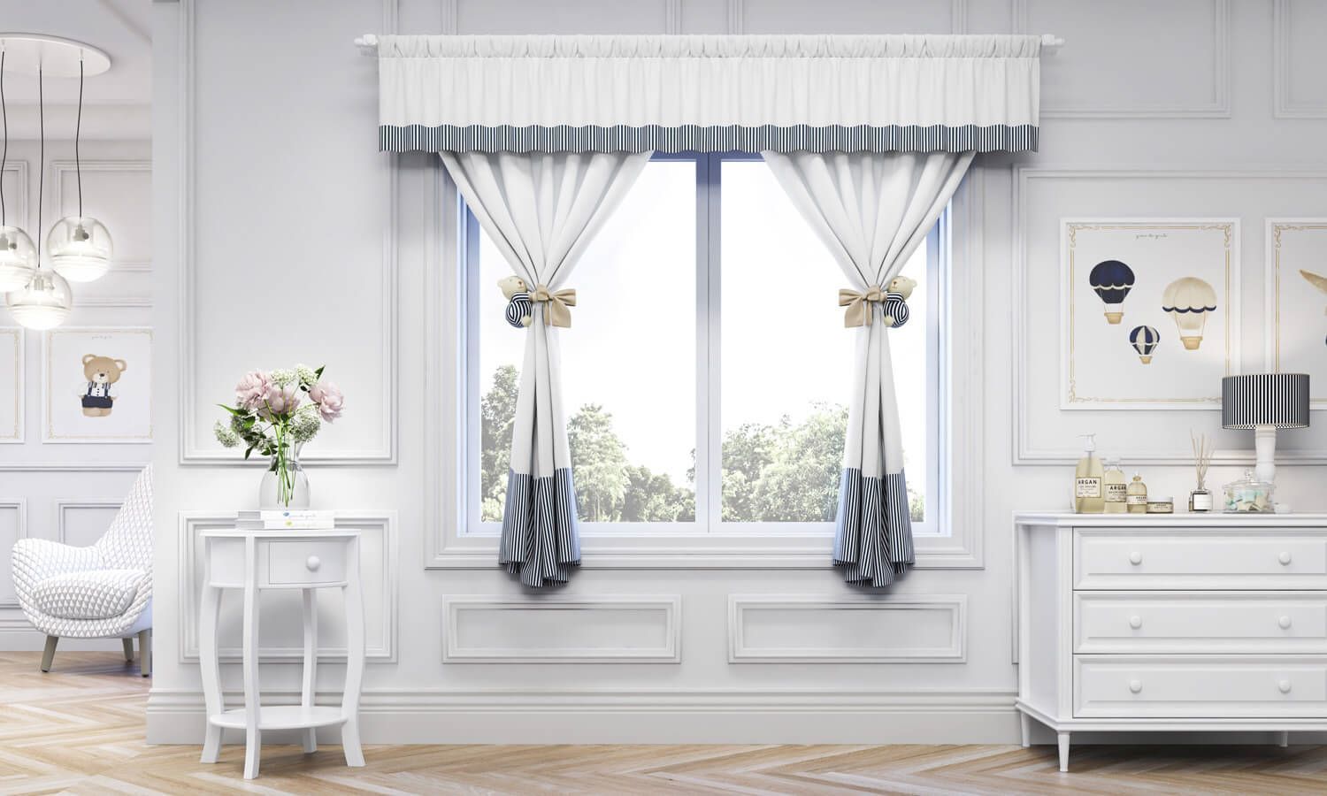 Cortina Luxo Branco/Azul Marinho