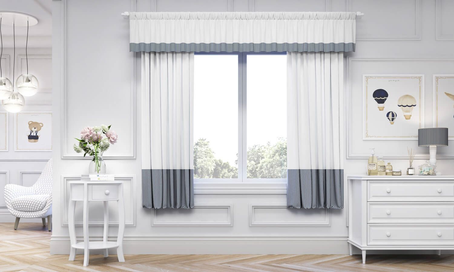 Cortina Luxo Branco/Azul Marinho