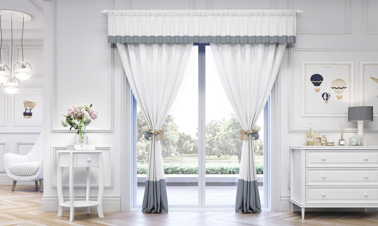 Cortina Luxo Branco/Azul Marinho