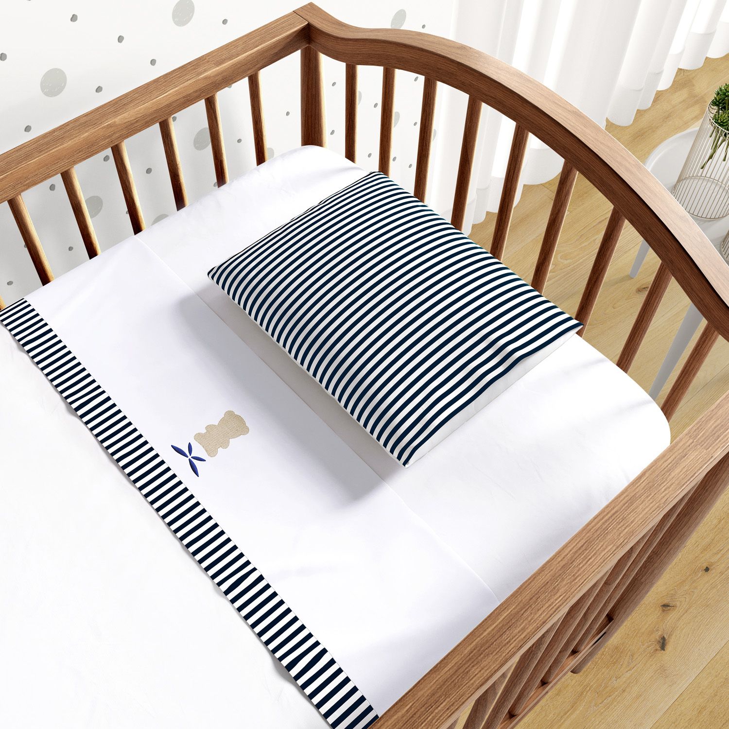 Jogo de Lençol Berço Bordado Urso Azul Marinho 3 peças