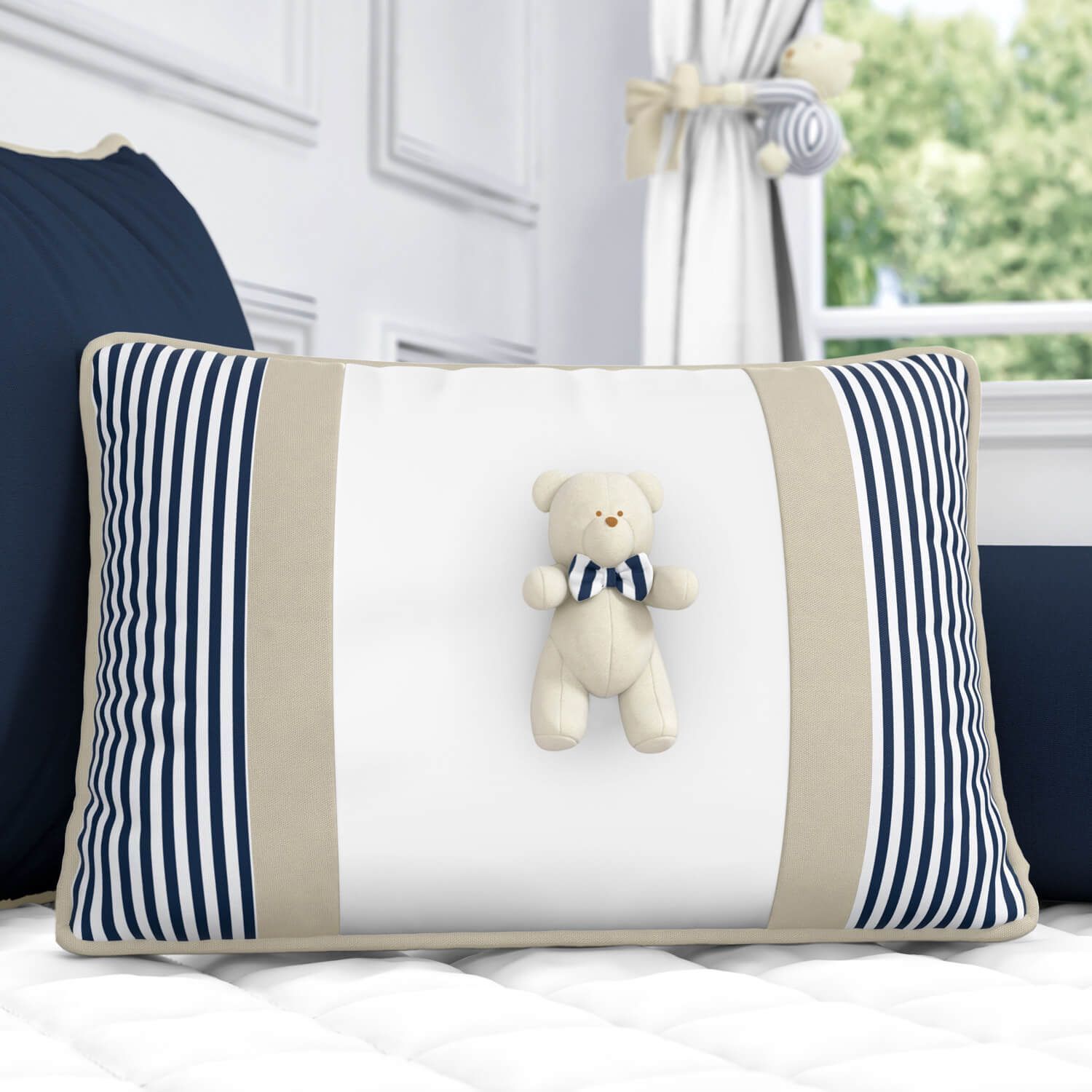 Almofada Retangular Tricot Ursinho Listrada Azul Marinho e Bege 43cm