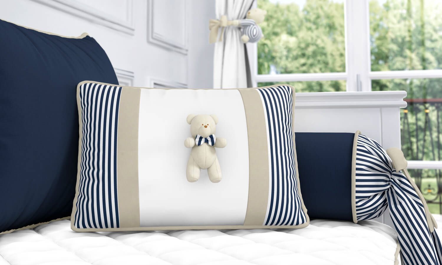 Almofada Retangular Tricot Ursinho Listrada Azul Marinho e Bege 43cm