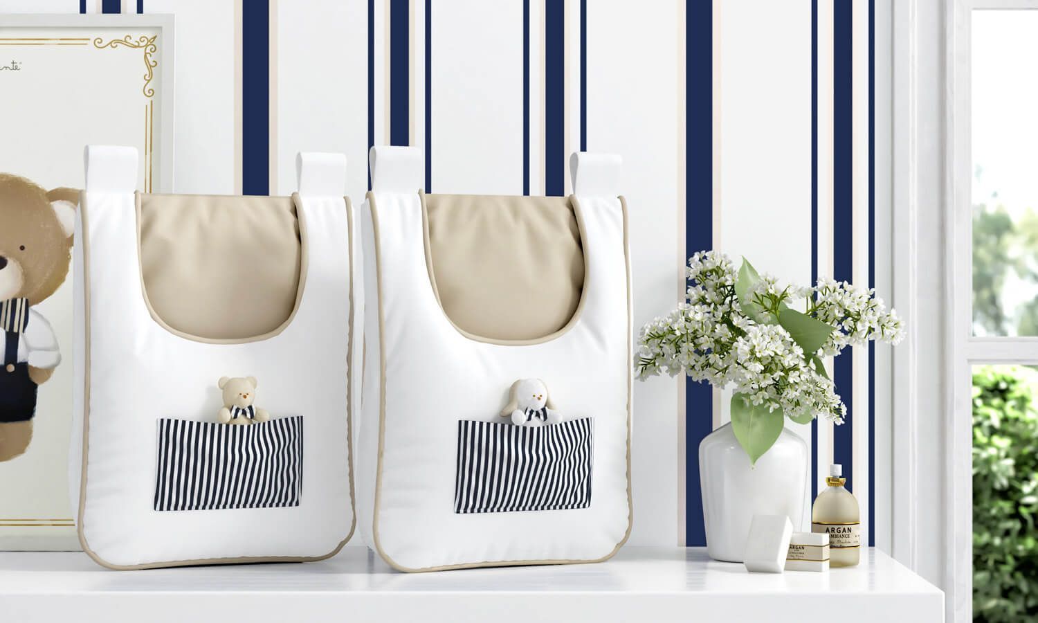 Porta Fraldas Varão Listrado Luxo Azul Marinho