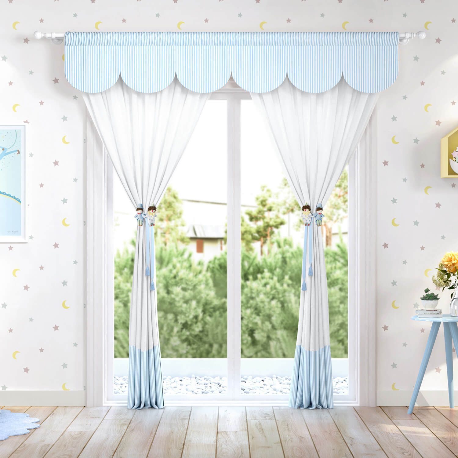 Cortina Circo Mágico Listrada Azul/Branco