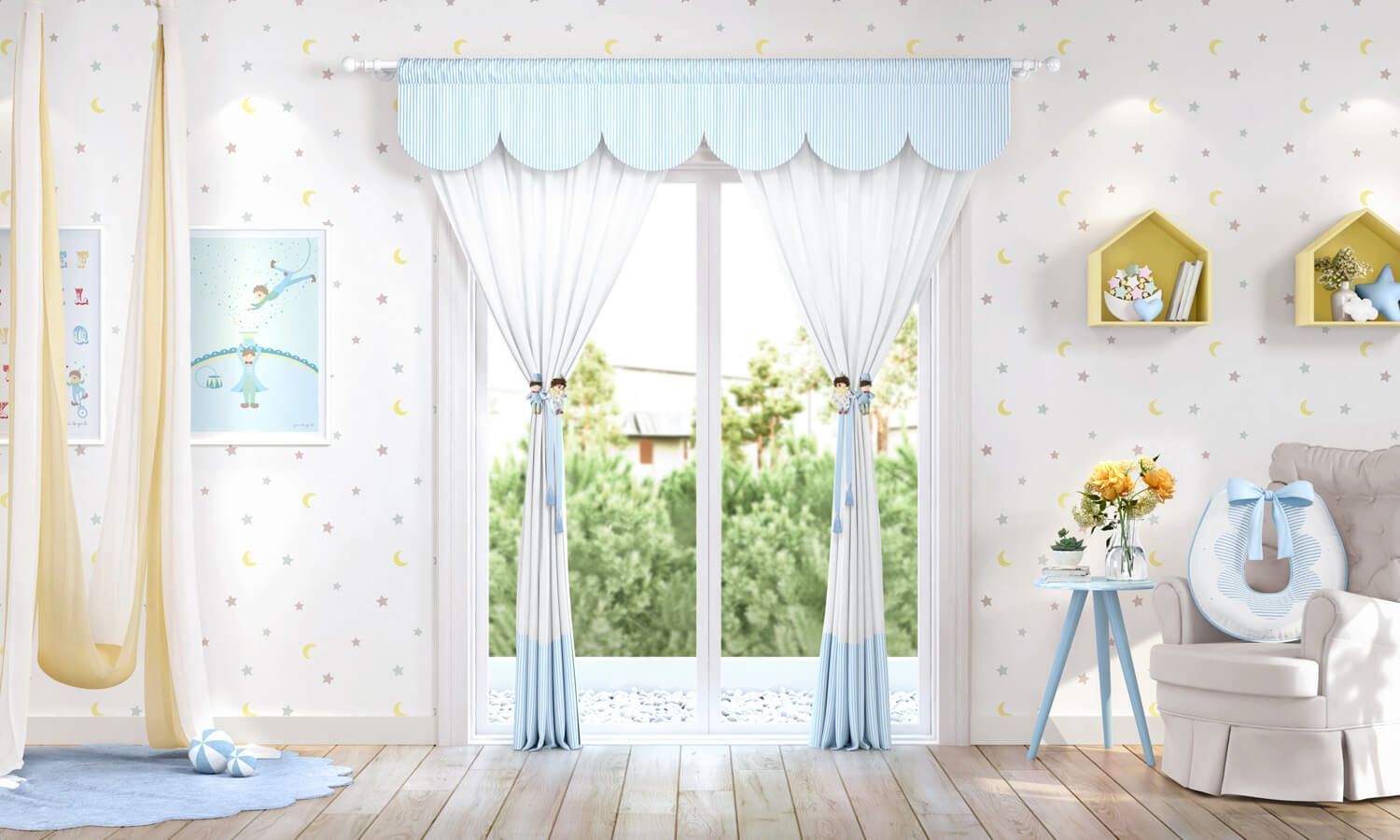 Cortina Circo Mágico Listrada Azul/Branco