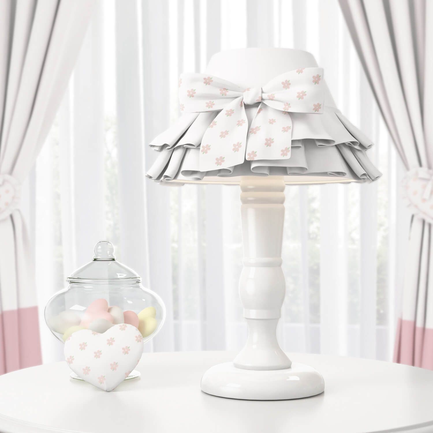 Abajur Madeira Babado e Laço Floral Rosé