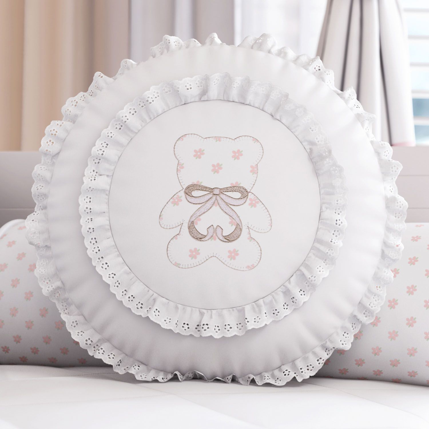 Almofada Redonda Bordada Ursinha Sophia Provençal 35cm