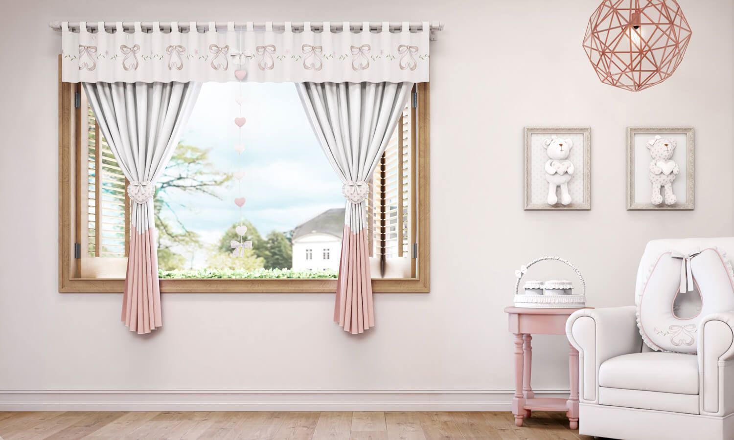 Cortina Bordada Sophia Provençal Branca/Rosa