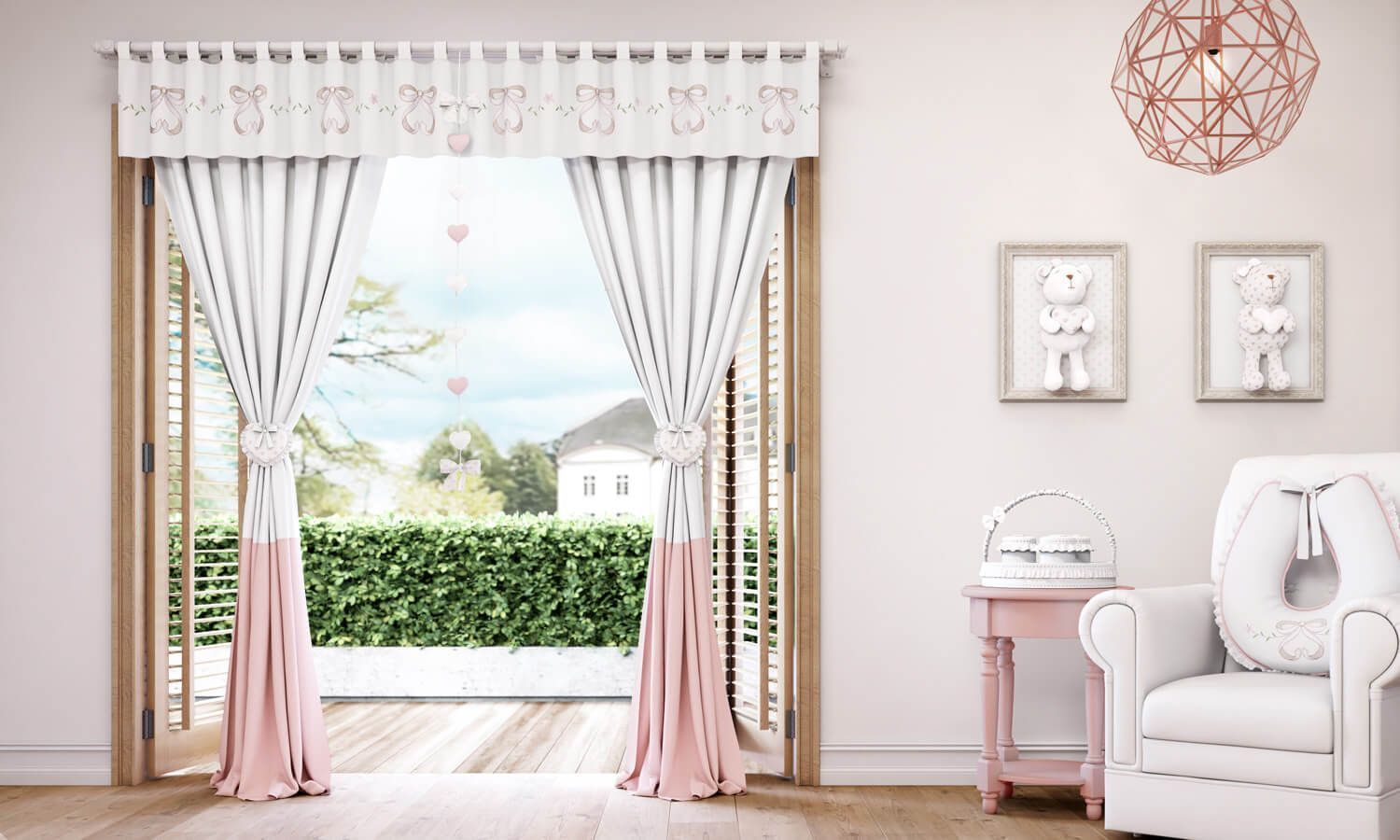 Cortina Bordada Sophia Provençal Branca/Rosa