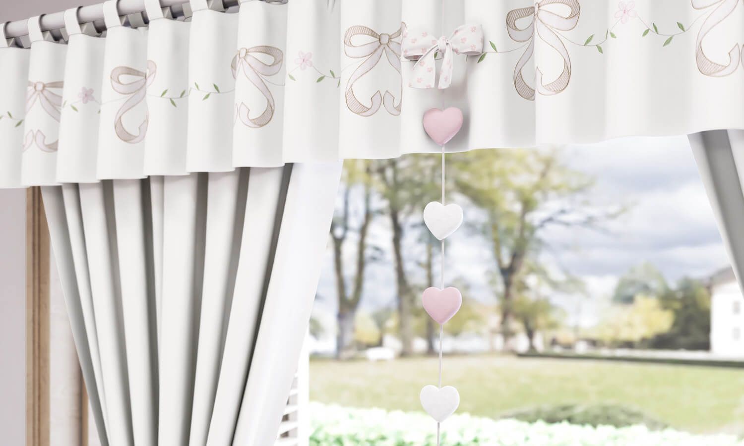 Cortina Bordada Sophia Provençal Branca/Rosa