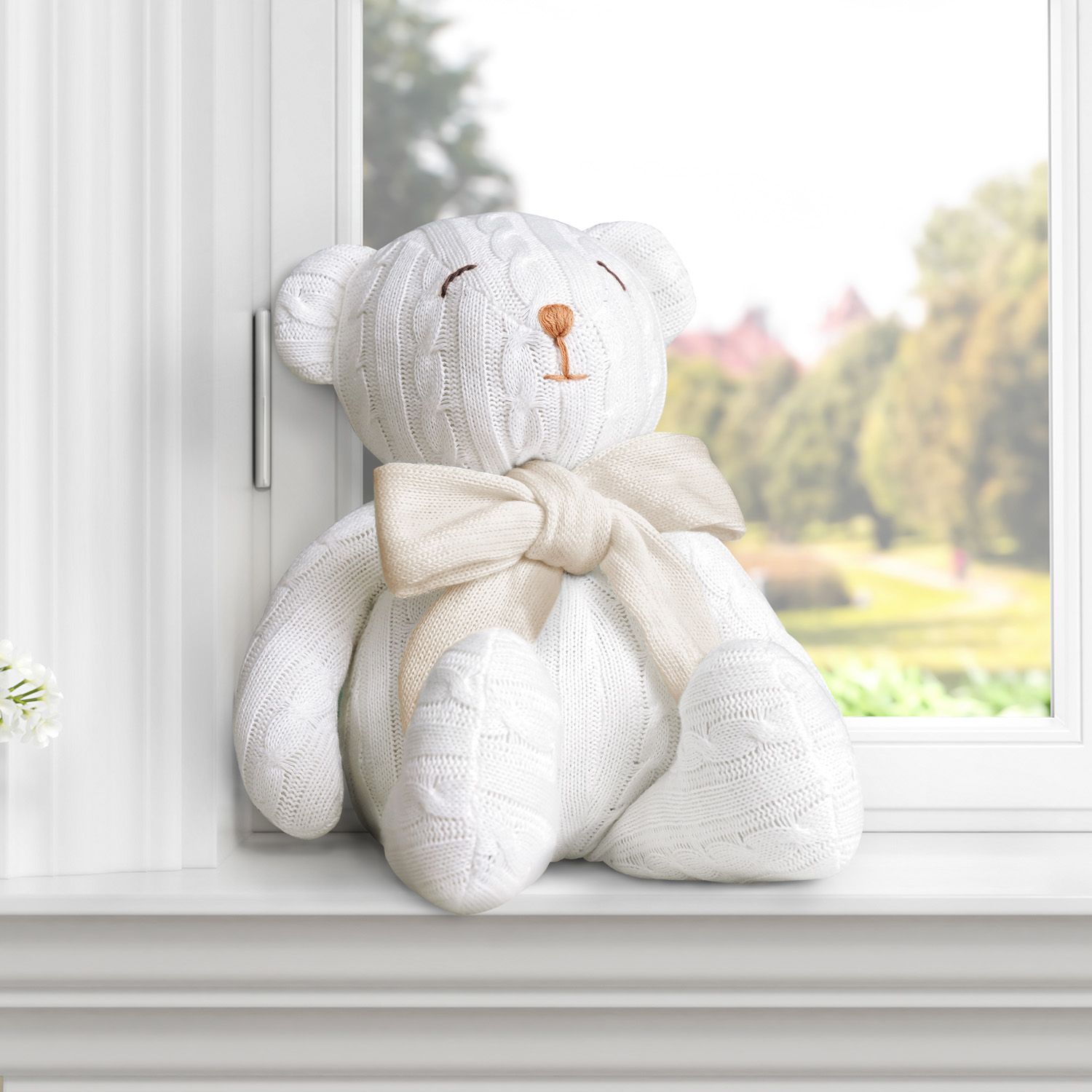 Urso Off White Tricot com Laço Azul 42cm