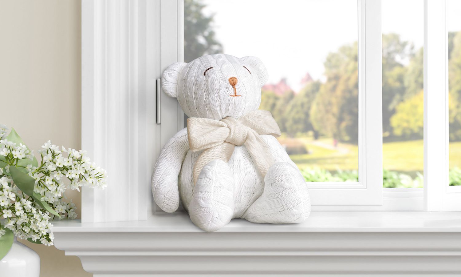 Urso Off White Tricot com Laço Azul 42cm