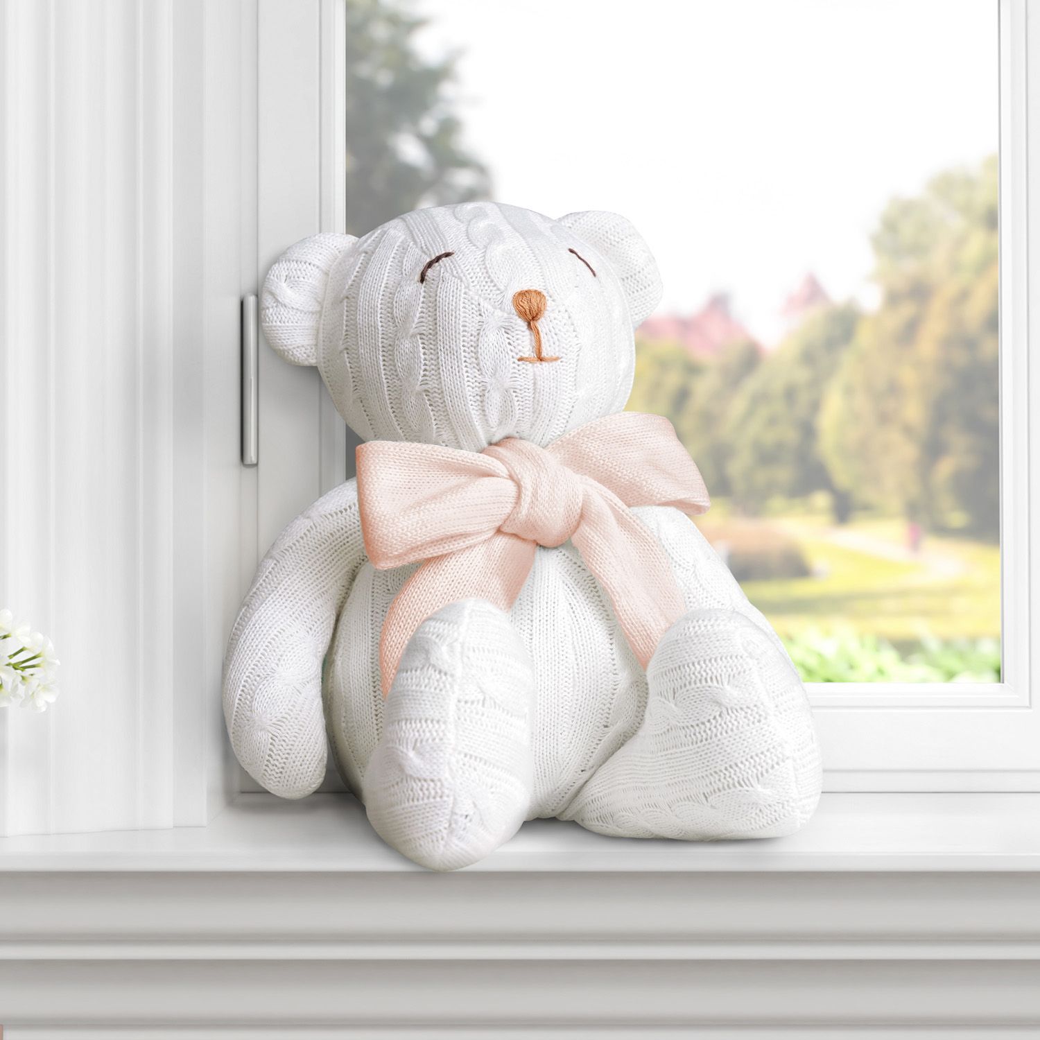 Urso Off White Tricot com Laço Azul 42cm