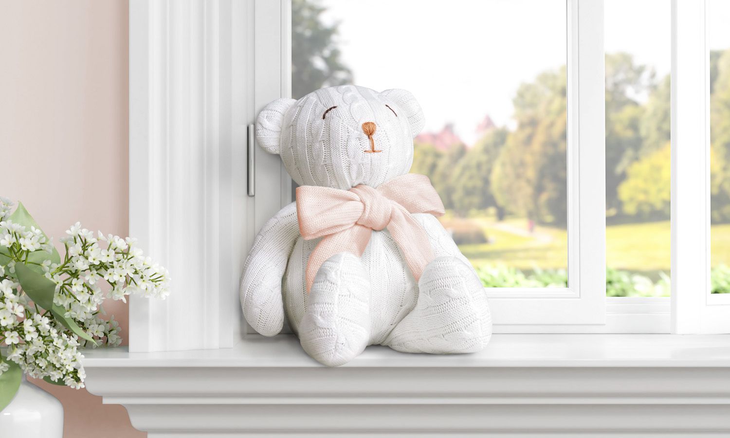 Urso Off White Tricot com Laço Azul 42cm