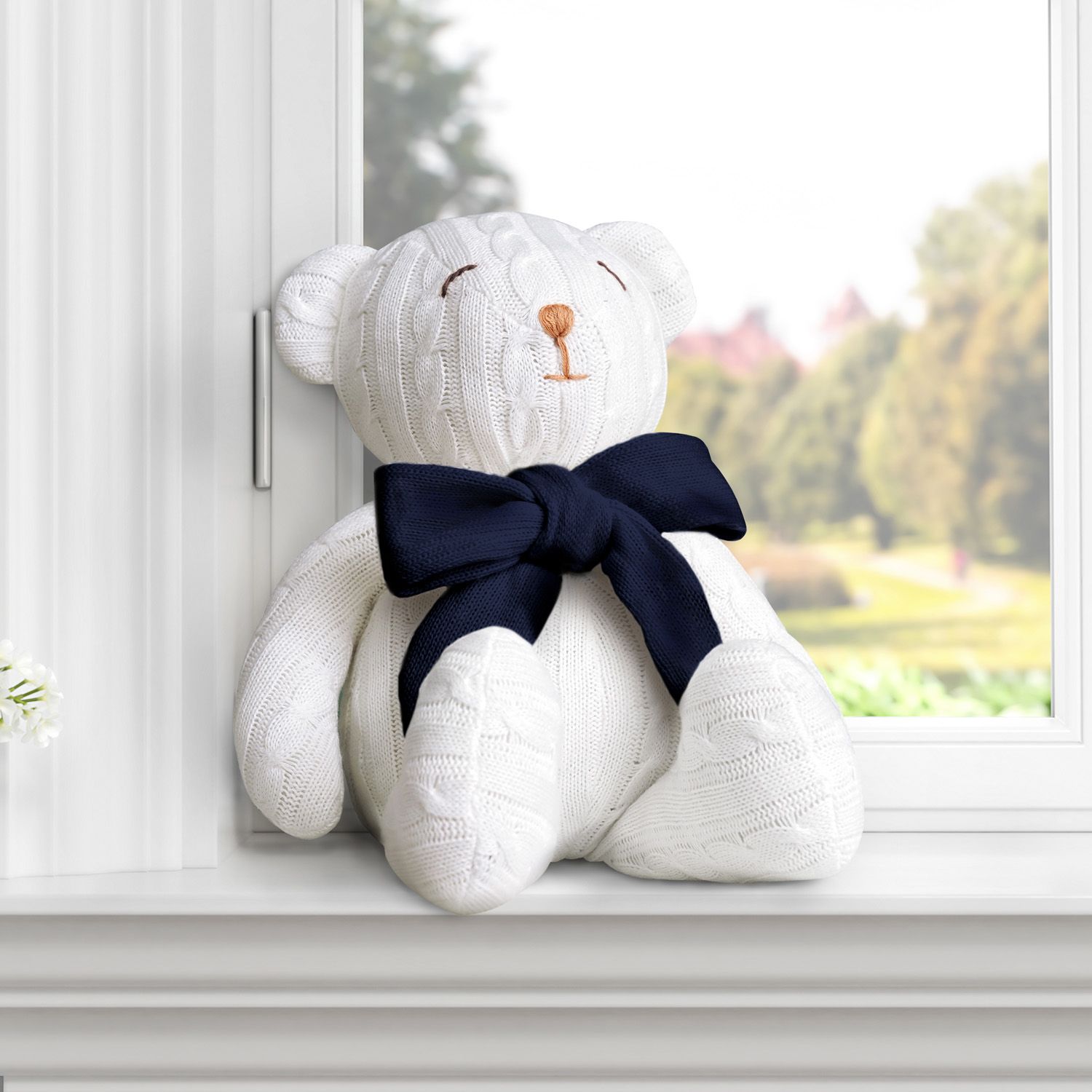 Urso Off White Tricot com Laço Azul 42cm