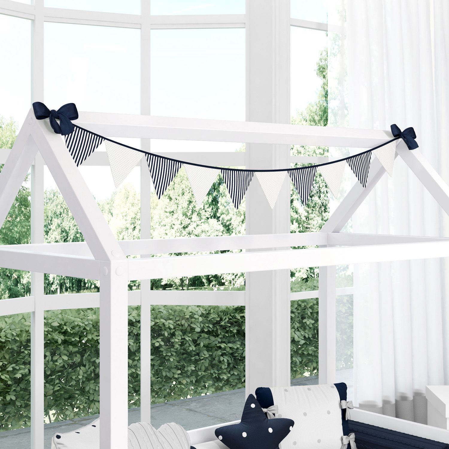 Varal de Cama Bandeirinhas Listras e Poá Azul 1,60m