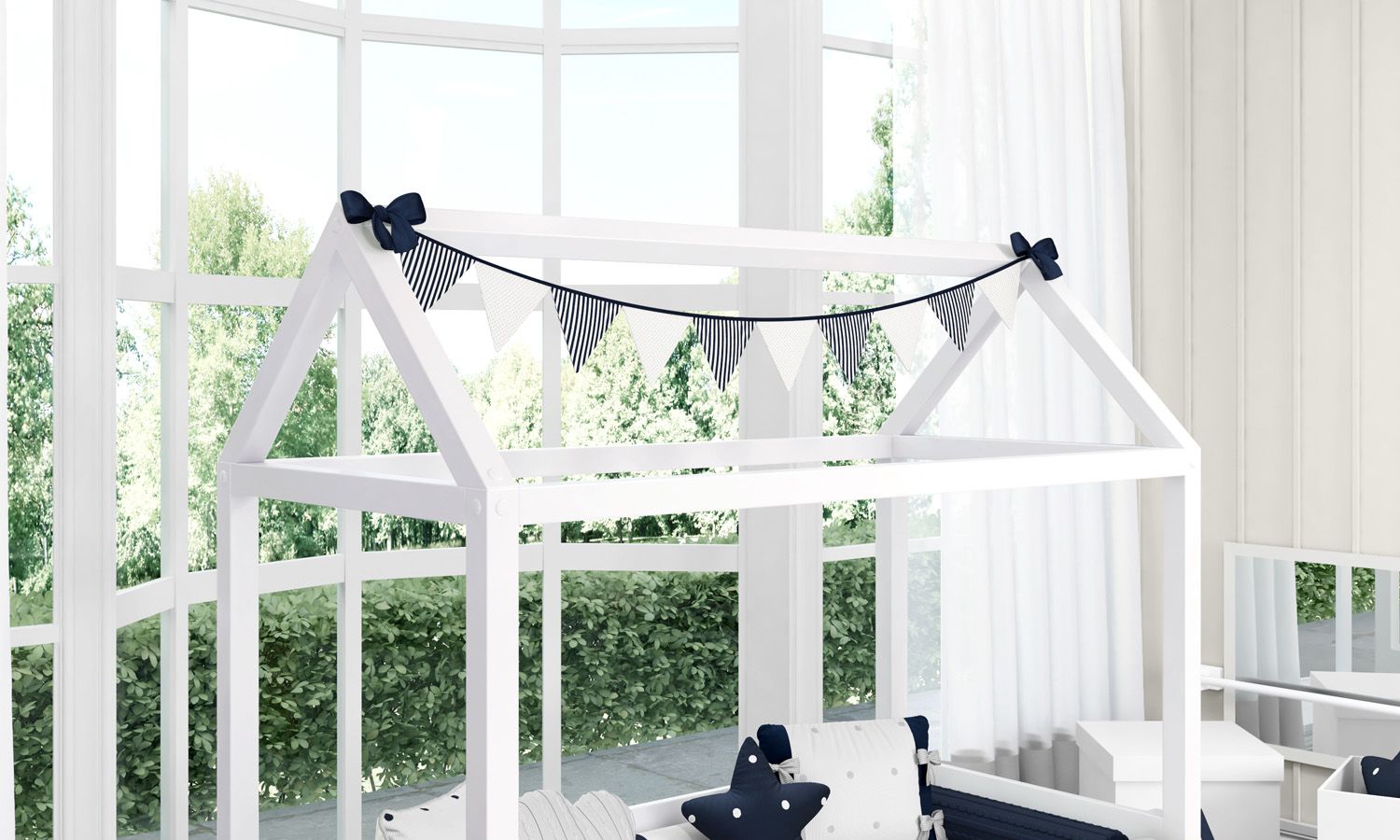 Varal de Cama Bandeirinhas Listras e Poá Azul 1,60m