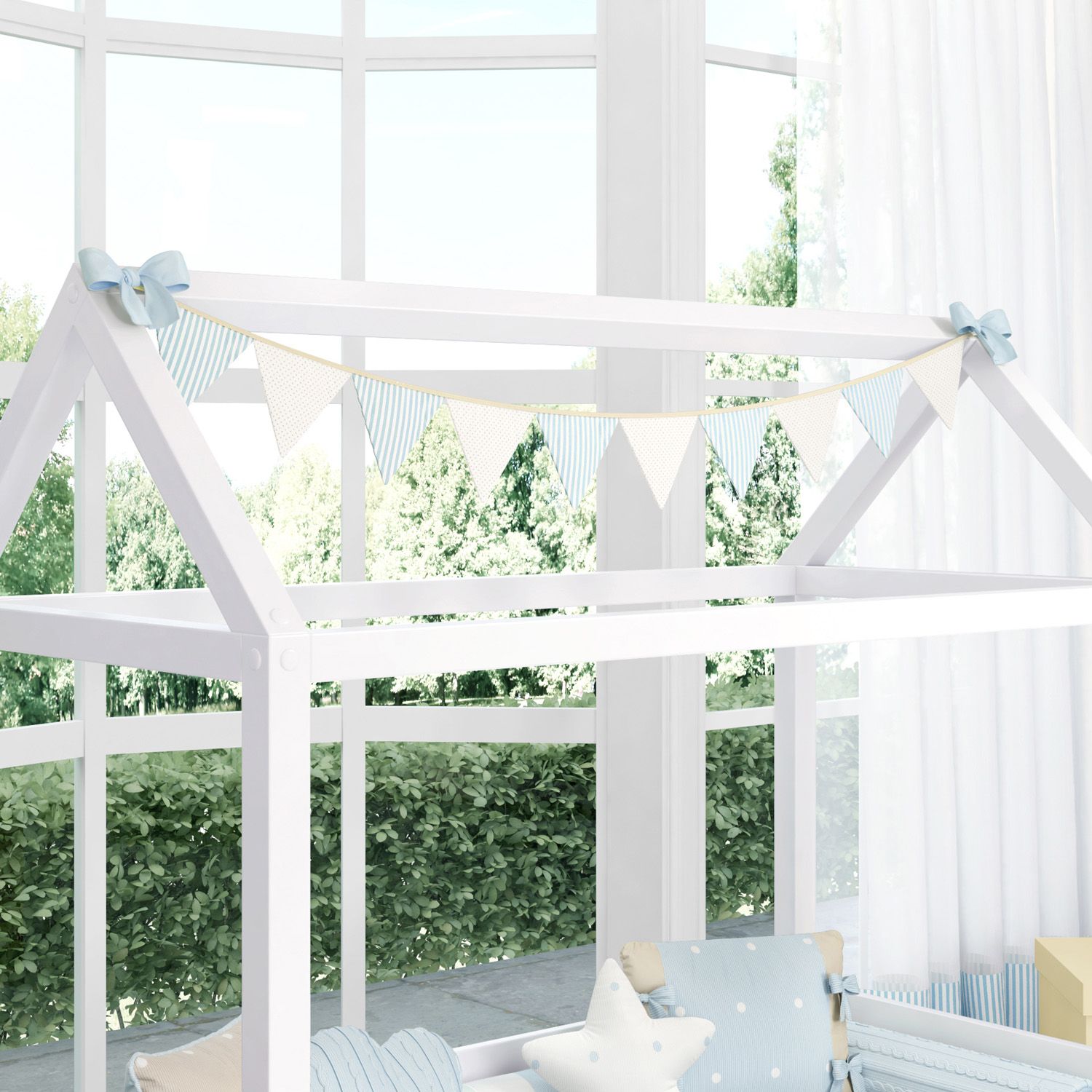 Varal de Cama Bandeirinhas Listras e Poá Azul/Bege 1,60m