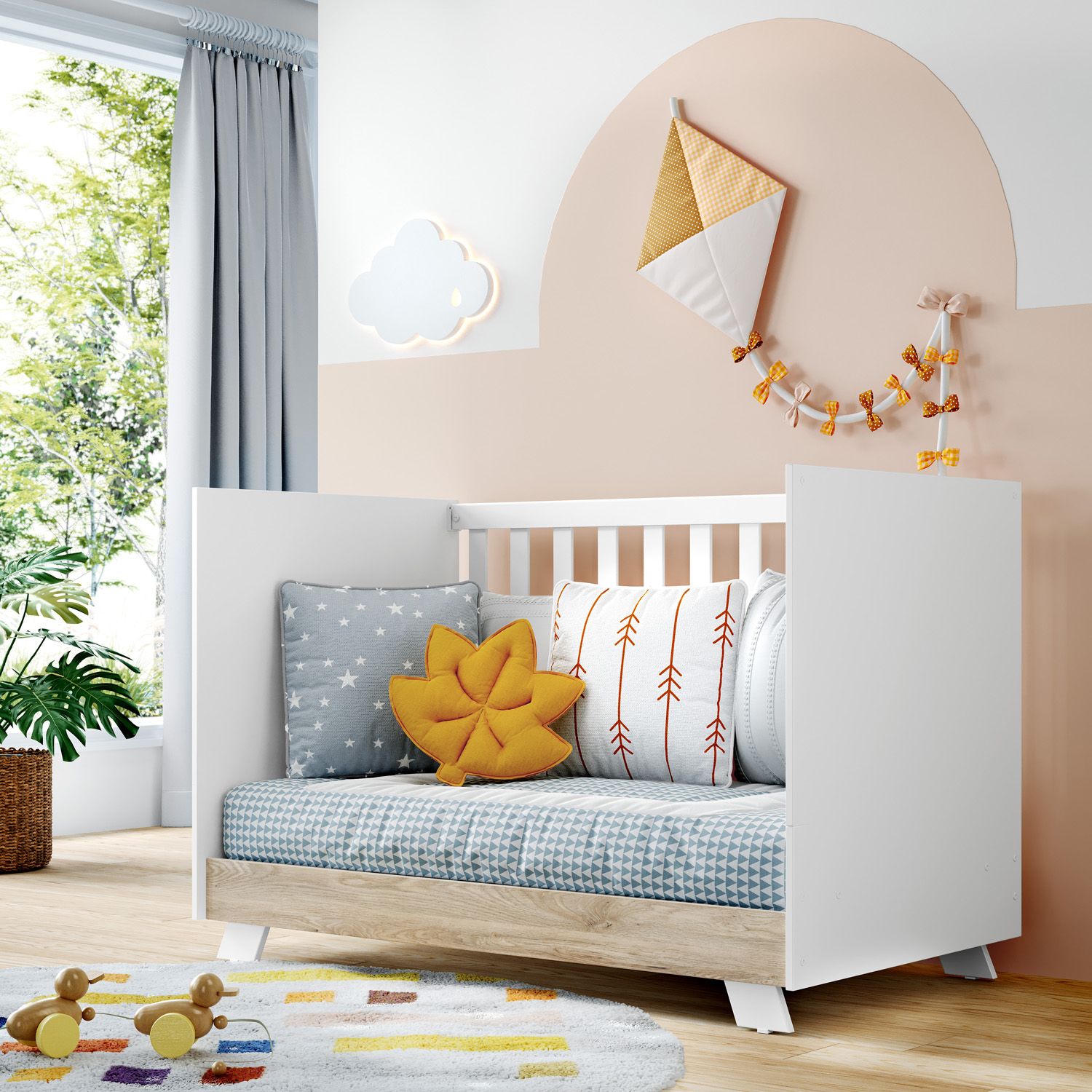 Berço Americano Branco e Amadeirado Retrô