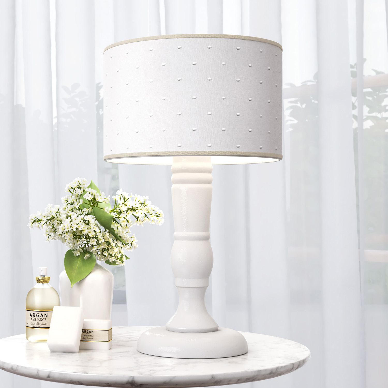 Abajur Madeira Luxo Bordado Branco