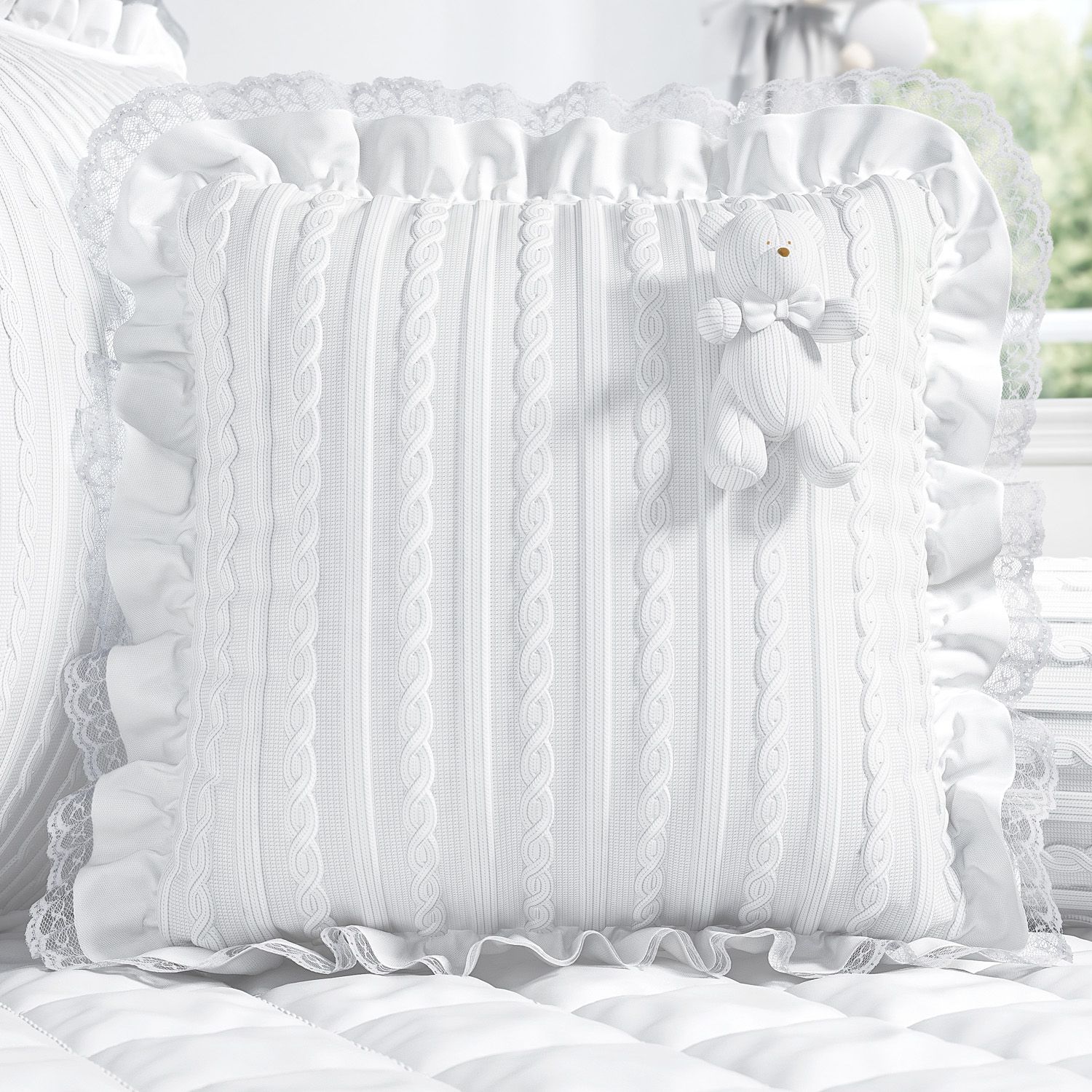 Almofada Ursinho e Rendinha Tricot Luxo Branco 38cm