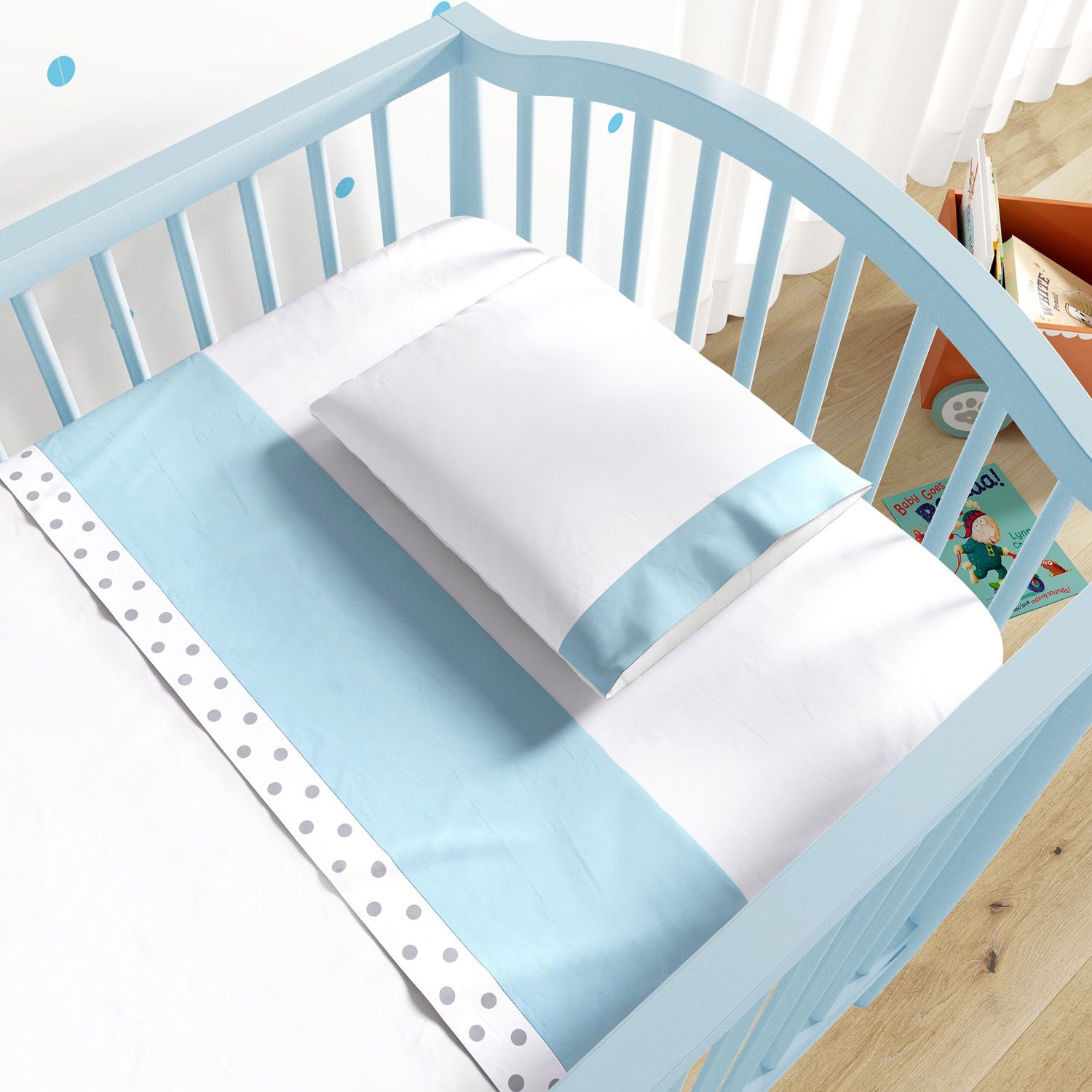 Jogo de Lençol Berço Azul com Faixa Poá 3 peças