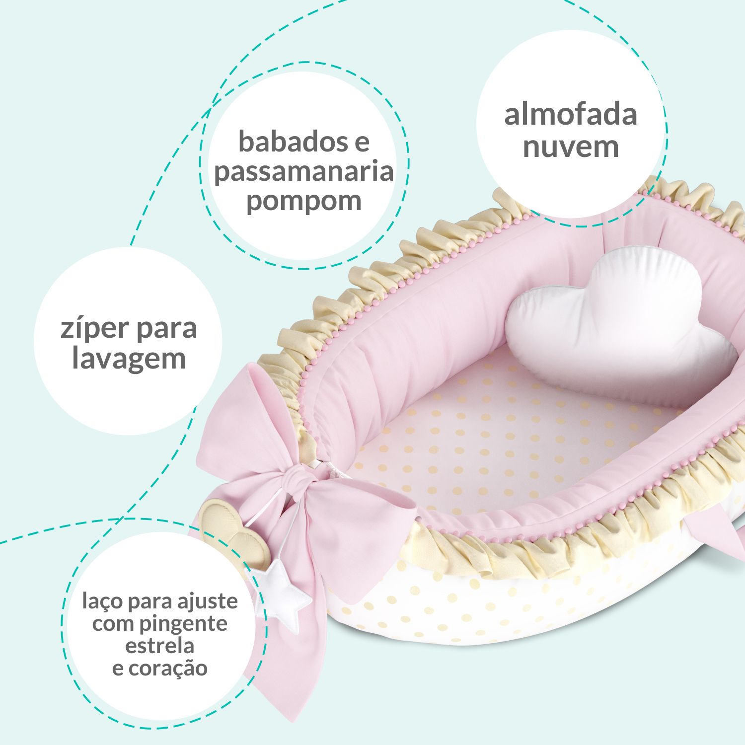 Ninho para Bebê Redutor de Berço Poá Rosa/Branco 80cm