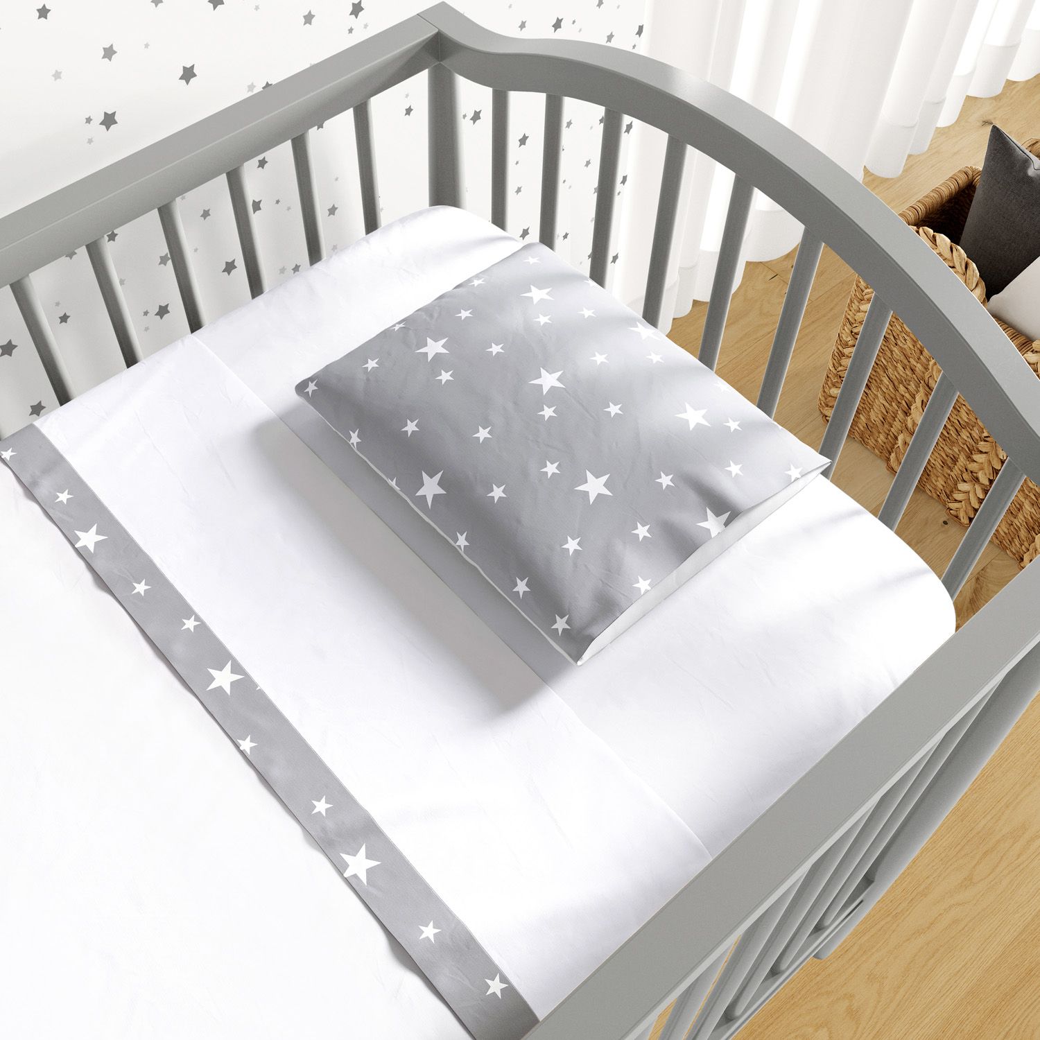Jogo de Lençol Berço Estrelinhas Cinza e Branco 3 peças