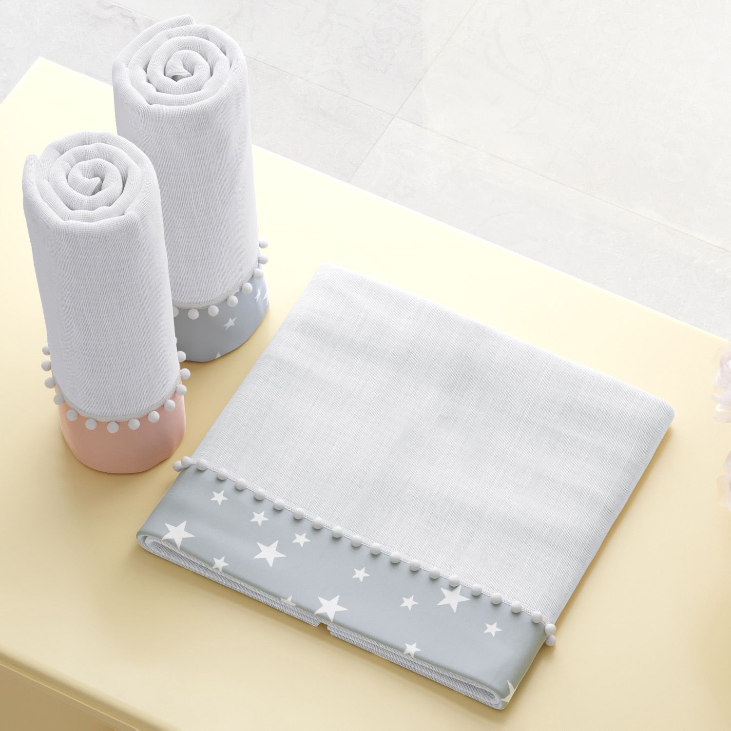 Jogo de Fraldas de Ombro Barra Estrelinhas Salmão e Cinza com Pompom