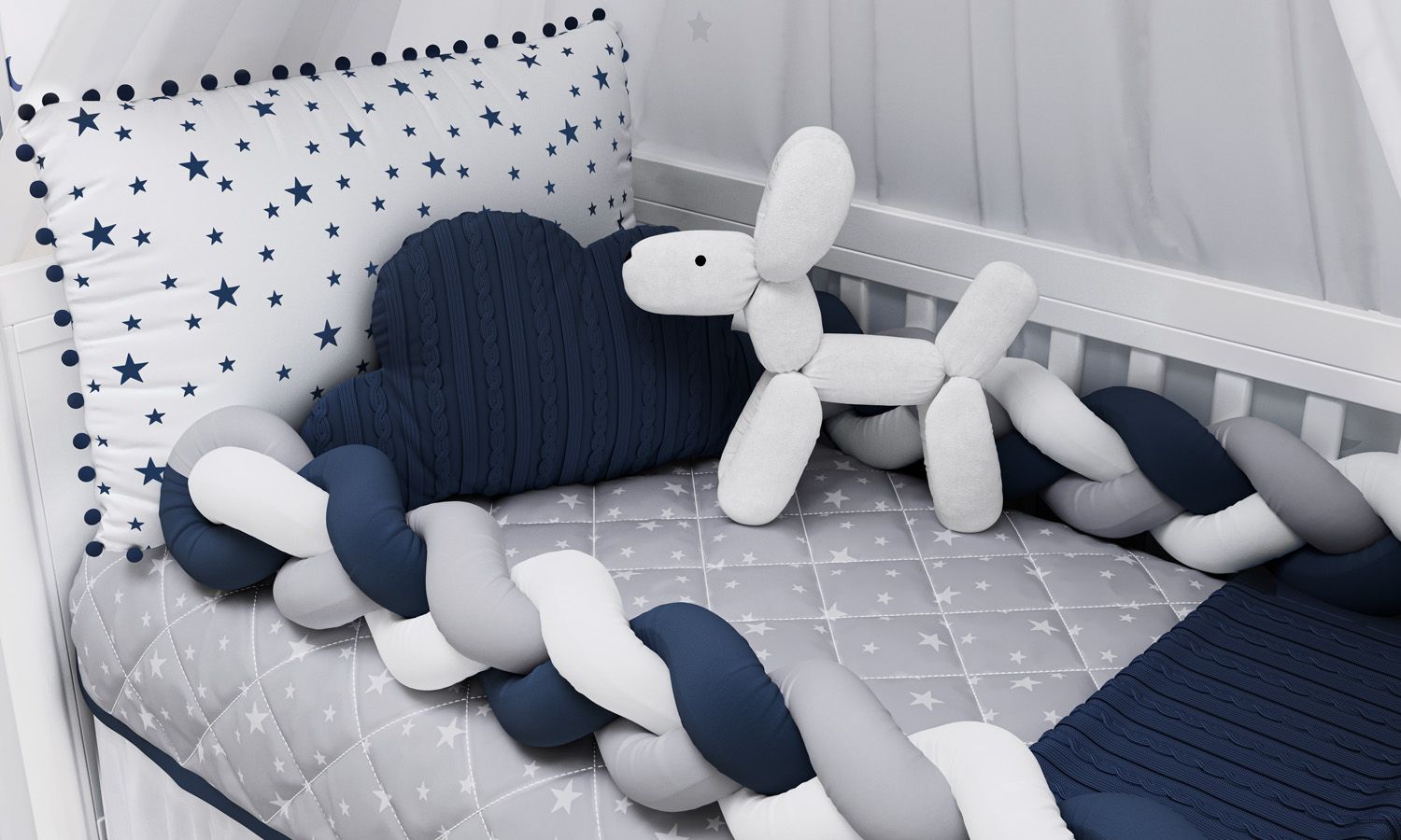 Kit Berço Trança Estrelinhas e Pompons Rosa