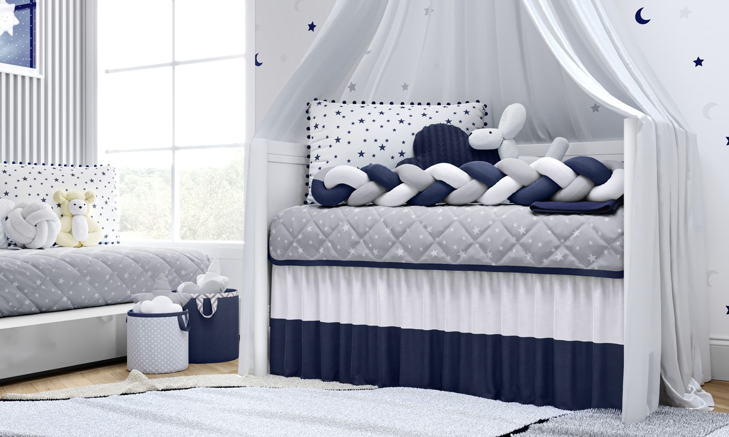 Kit Berço Trança Estrelinhas e Pompons Rosa