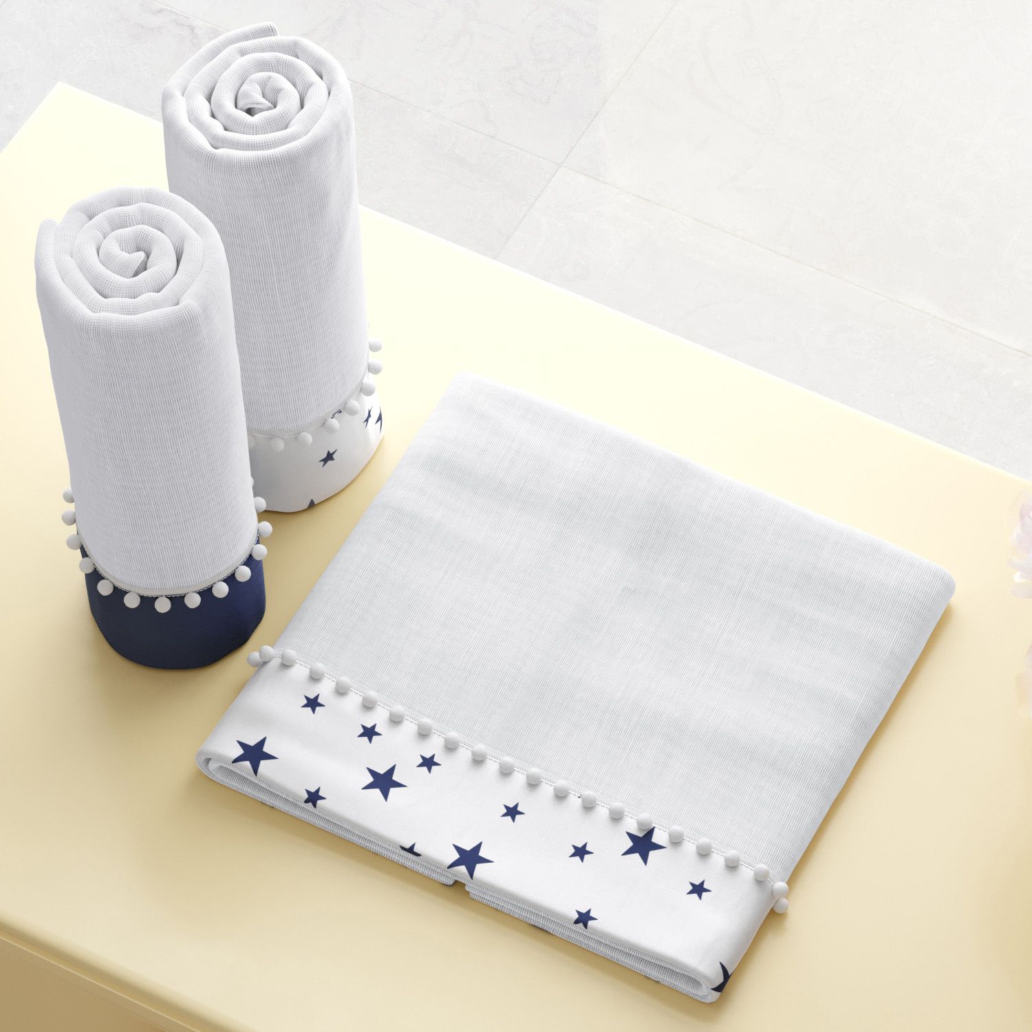 Jogo de Fraldas de Ombro Barra Estrelinhas Azul Marinho com Pompom