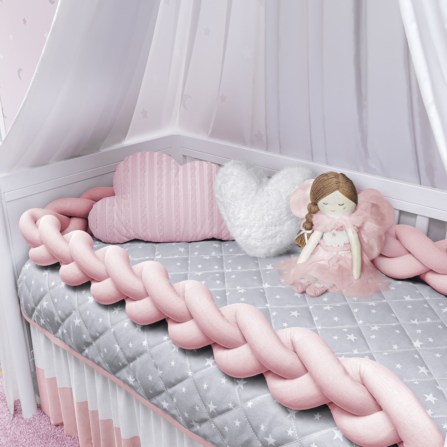Kit Berço Trança Estrelinhas Rosa