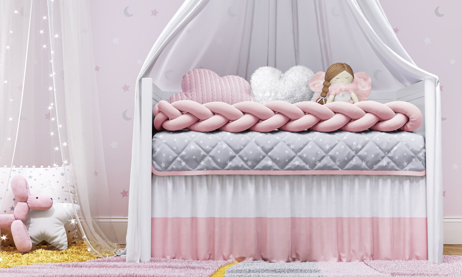 Kit Berço Trança Estrelinhas Rosa