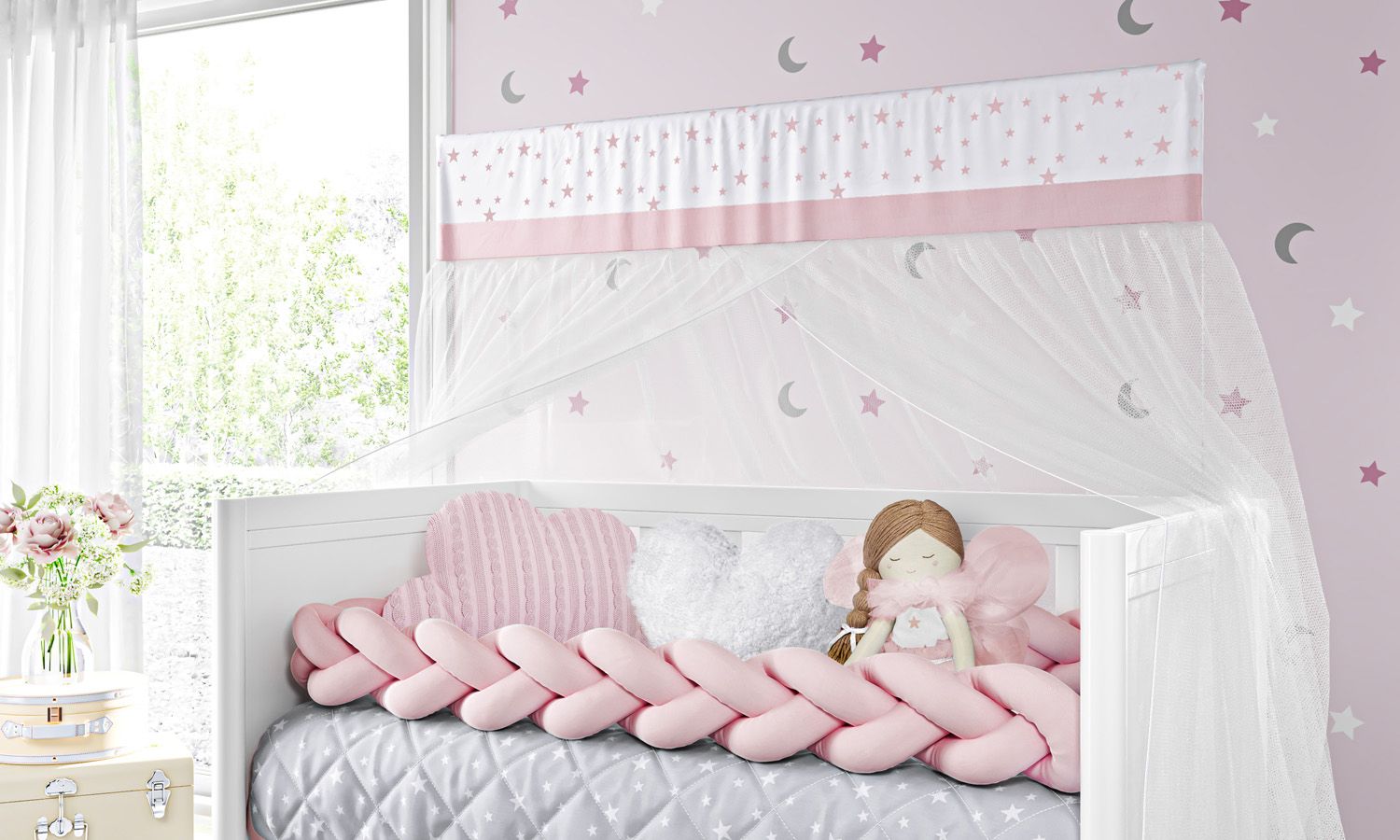 Kit Berço Trança Estrelinhas Rosa