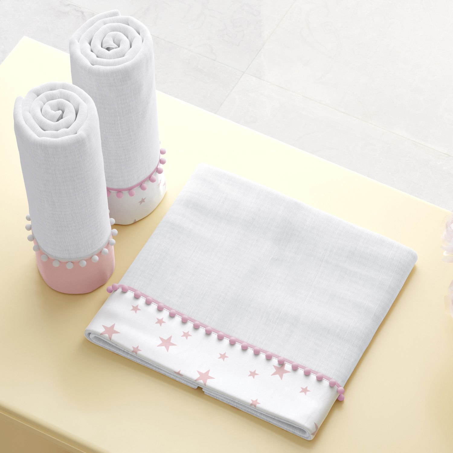 Jogo de Fraldas de Ombro Barra Estrelinhas Rosa com Pompom