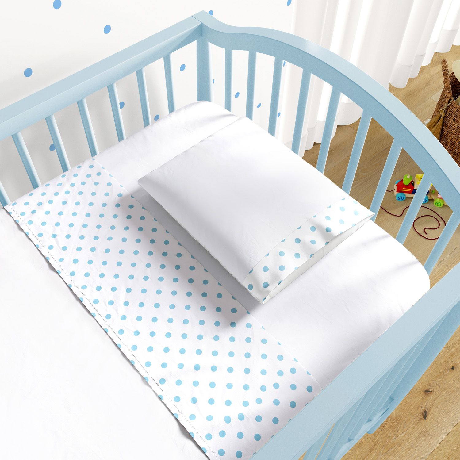 Jogo de Lençol Berço Branco Poá Azul 3 peças