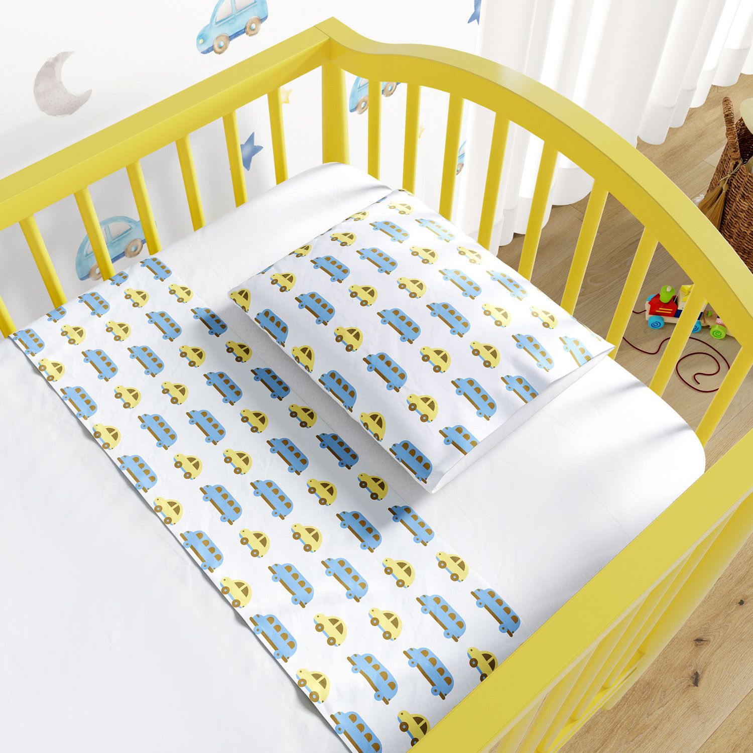 Jogo de Lençol Berço Carrinhos Azul e Amarelo 3 peças