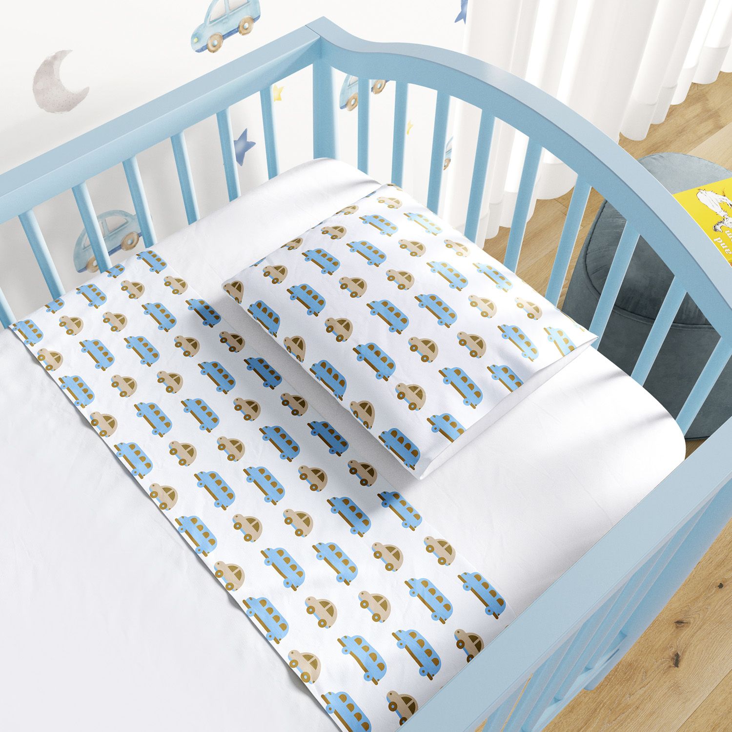 Jogo de Lençol Berço Carrinhos Azul e Amarelo 3 peças