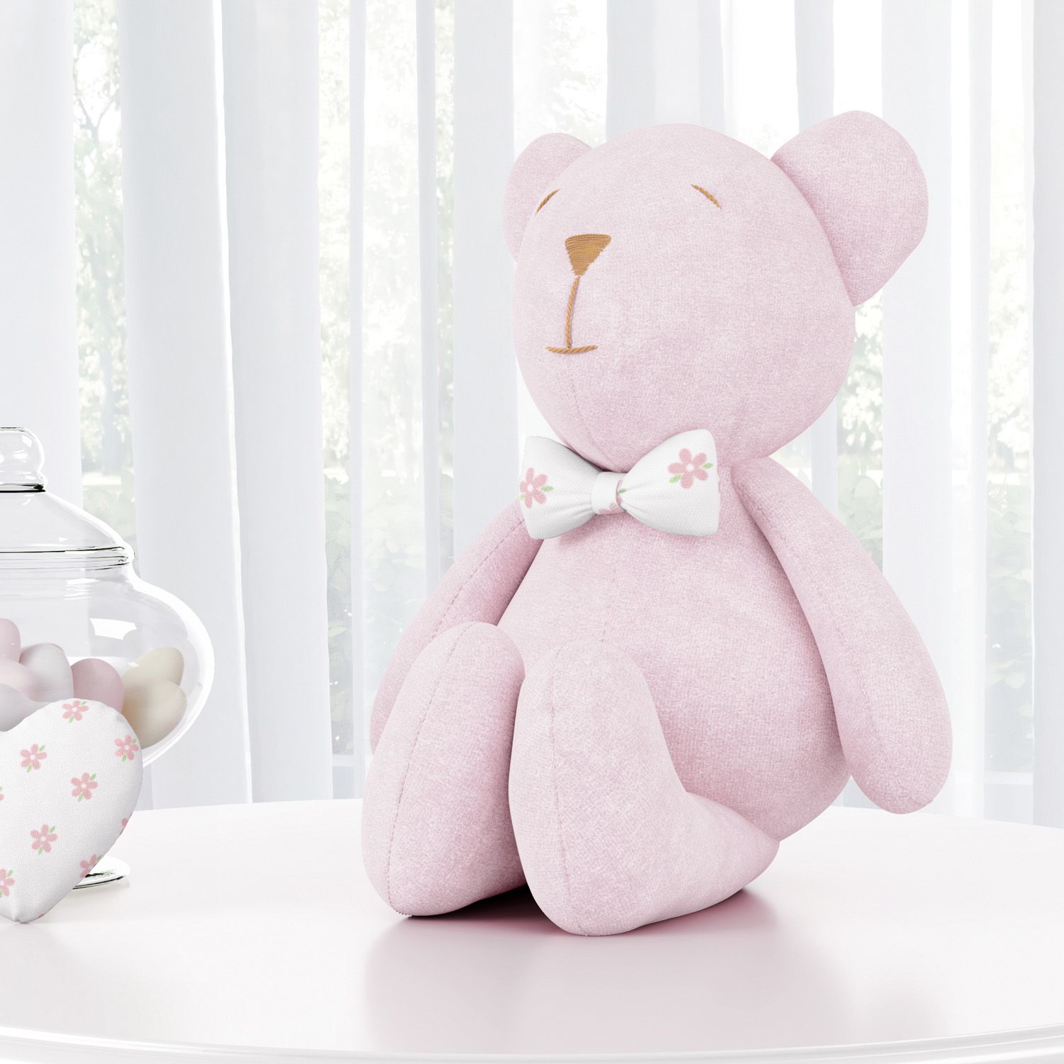 Ursinha Rosa com Laço Floral 15cm